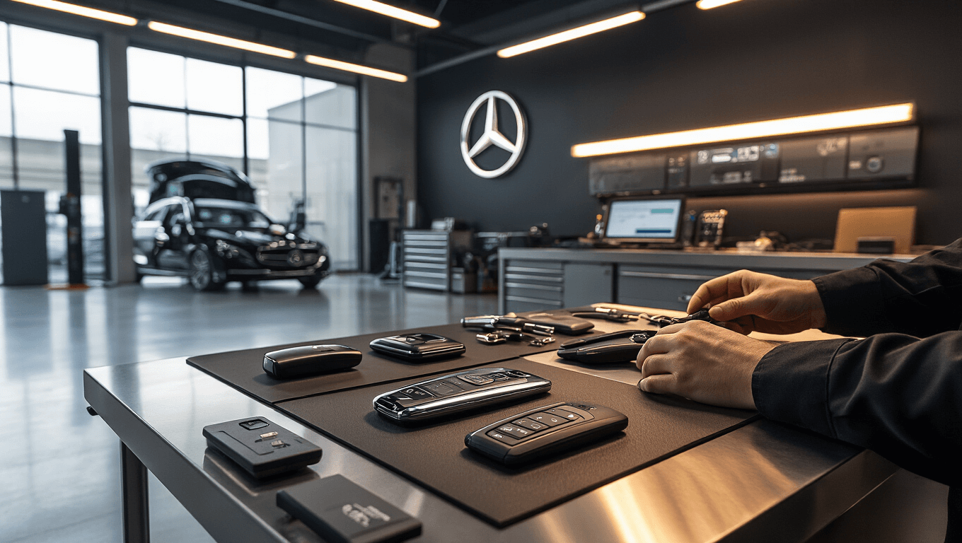Moderne Mercedes sleutelservice workshop met gepolijste betonvloeren en industriële LED-verlichting, centrale focus op een werkstation met glanzende Keyless Go sleutels en digitale programmeerapparatuur.