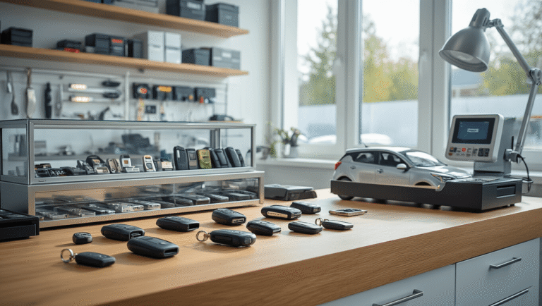 Moderne autosleutelservice workshop met geavanceerde transponder programmering apparatuur op een schoon werkblad, gevuld met Kia-sleutels en elektronische componenten, natuurlijk licht dat door grote ramen stroomt.