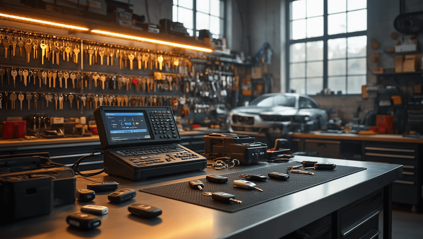 Autosleutel Bijmaken in Amsterdam: Alles Wat Je Moet Weten Fotorealistisch modern slotenmakerswerkplaats met een roestvrijstalen werkbank, uitgerust met autokeys programmeringsapparatuur, warme LED-verlichting vanuit grote ramen, georganiseerde gereedschapwanden met sleutelblanks en transponderchips, verschillende autokeyfobs (BMW, Mercedes, Audi) artistiek verspreid, kleurrijk LCD-scherm dat gloeit, industriële betonnen vloer, zachte cinematografische verlichting die een uitnodigende professionele sfeer creëert, gedetailleerde texturen van rubberen matten en houten oppervlakken, gezellige maar technische werkplek, scherpe focus op de programmeerapparatuur, ondiepe scherptediepte op de achtergrond.