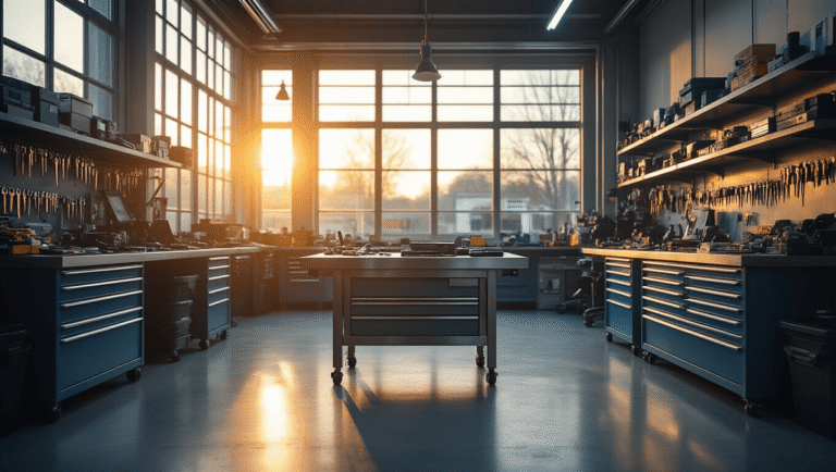 Moderne slotenmakerij in Den Haag met een centrale roestvrijstalen werkbank, professioneel gereedschap, en automotive sleutels, verlicht door warm licht van grote industriële ramen.