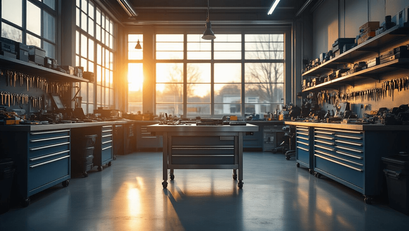 Moderne slotenmakerij in Den Haag met een centrale roestvrijstalen werkbank, professioneel gereedschap, en automotive sleutels, verlicht door warm licht van grote industriële ramen.