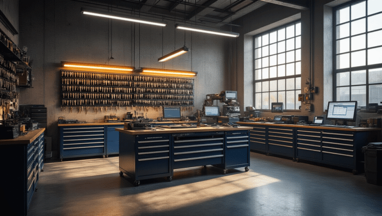 Moderne slotenmakerswerkplaats met industriële betonvloeren, grote ramen die warm licht binnenlaten, werkbank met transponderprogrammeerapparatuur, georganiseerde gereedschapskasten, precisiesleutelknipmachines en professionele diagnostische computers.