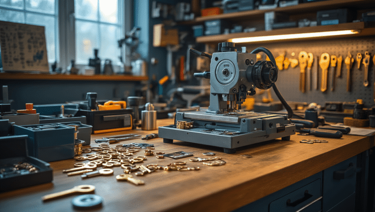 Professionele slotenmakerij met een opgeruimde werkbank, een centraal gepolijste stalen sleutelknipmachine, verspreide messing en stalen sleutels, precisiegereedschap en microchips, verlicht met warm LED-licht.