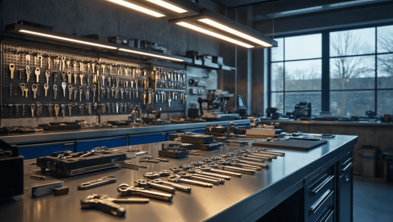 Moderne slotenmaker werkplaats met een gepolijst roestvrijstalen werkblad, georganiseerd met sleutelknipmachines en glanzende blanco sleutels, verlicht door warme LED-strips. Chrome gereedschap nauwkeurig gerangschikt en glazen vitrines met verschillende slotmechanismen. Industrial blauwe accentverlichting en natuurlijk daglicht dat door grote ramen stroomt, creëren een uitnodigende en professionele sfeer.