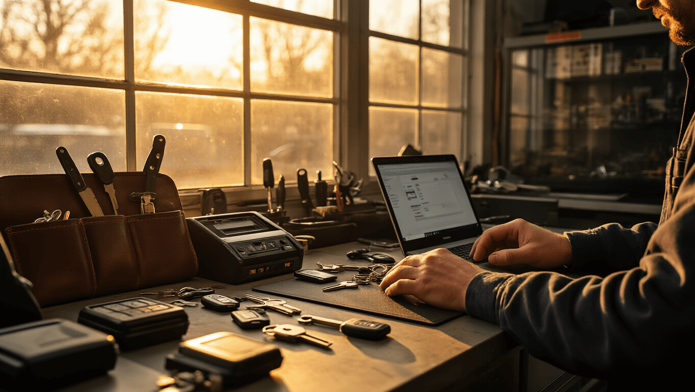 Cinematisch shot van een moderne autosleutelwerkplaats met warm LED-licht, een centrale werkbank vol Toyota Corolla transpondersleutels, programmeerapparatuur en sleutelblanks. Gouden ochtendlicht valt door een groot raam, werpt dramatische schaduwen op chromen snijgereedschappen en zwarte plastic sleutels. Shallow depth of field focust op handen die een slim sleutel programmeren, terwijl een laptop diagnostische software toont. Rijke texturen van een versleten leren gereedschapsrol, gepolijste metalen apparatuur en matte sleuteloppervlakken. Gezellige professionele sfeer met een glazen vitrine met verschillende autosleutels op de achtergrond.
