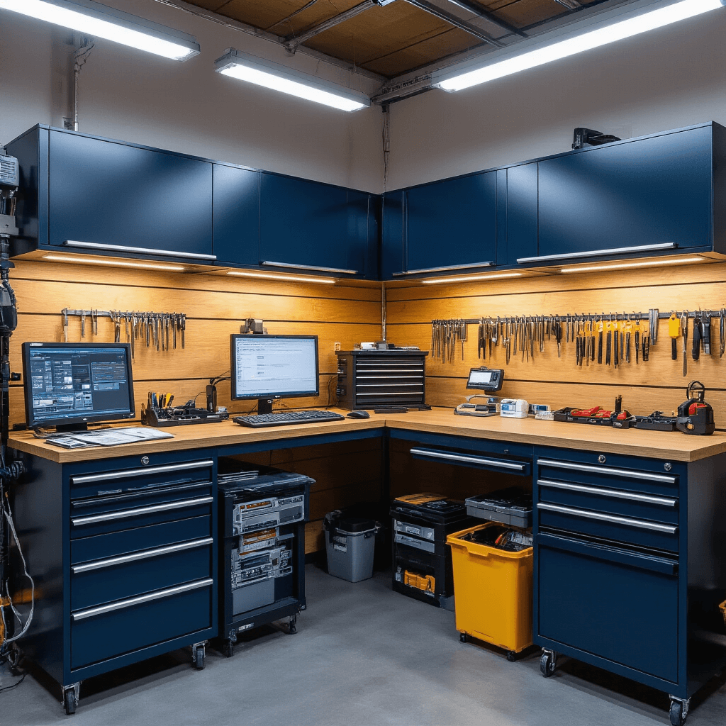 Een professioneel autosleutelwerkplaatsinterieur van 3x4 meter met een warme avondsfeer, voorzien van werklampen en moderne apparatuur, waaronder programmeertools, handleidingen en diagnostische apparaten, met een kleurenschema van donkerblauw en zilver.