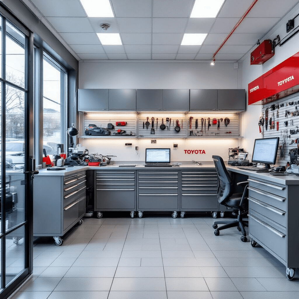 Fotorealistisch interieur van een moderne Toyota sleutelservice werkplaats met een centrale werkbank van geborsteld staal, voorzien van een transponder programmeerapparaat, sleutelslijpmachine en laptop. De wanden zijn gevuld met georganiseerde sleutels, chips en handleidingen, terwijl warm LED licht vanuit een raam links en werkplaatsverlichting de ruimte verlicht. De kleuren zijn zilver, Toyota rood en wit in een 4x3 meter ruimte met een witte tegelvloer.