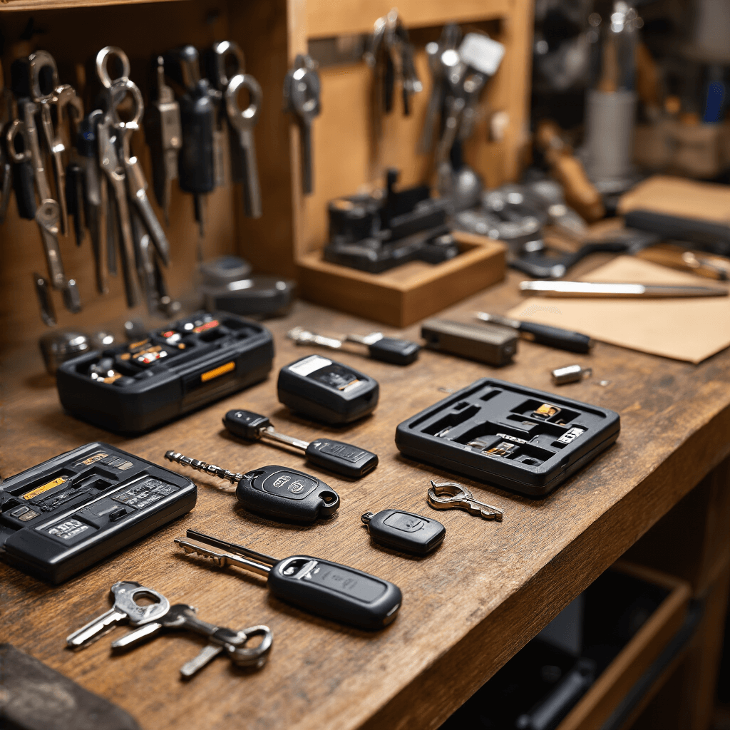 Close-up van een professionele sleutelservice werkplek met een donkerhouten werkbank. Voorgrond toont Smart Key Toyota sleutels, transponder chips en diagnostische tools. Achtergrond met glazen vitrine vol verschillende sleuteltypen. Warm middagzonlicht en gerichte LED spots verlichten de scene, met focus op technische details in eiken hout, zwart kunststof en chroom.
