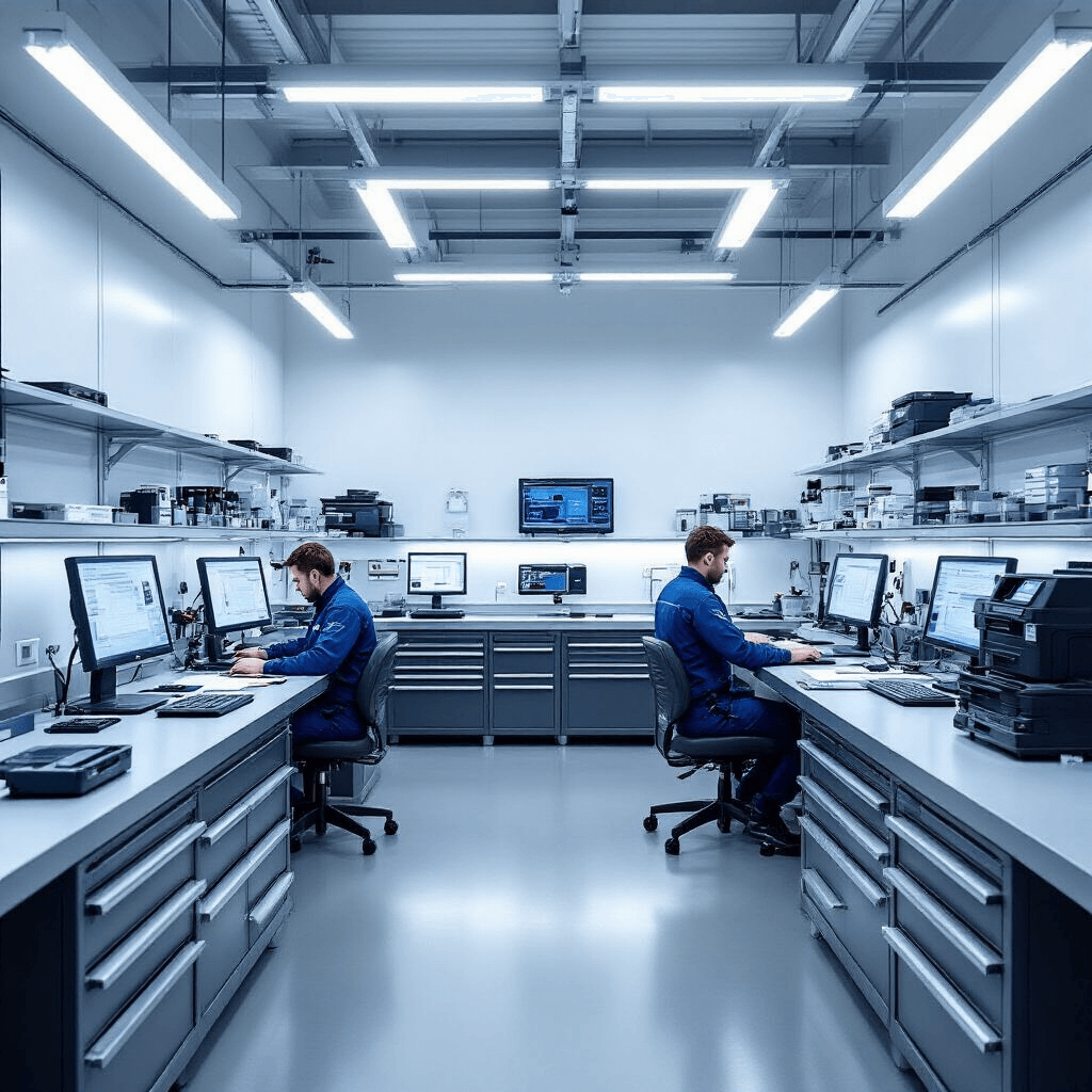 Moderne autosleutelservice werkplaats, met georganiseerde werkruimte, staalgrijze werkbanken en helder LED-licht. Centrale werkplek met professionele sleutelprogrammeerapparatuur, geordende lades met Ford-sleutels en snijgereedschap. Technicus in donkerblauw uniform analyseert een Ford-sleutel.