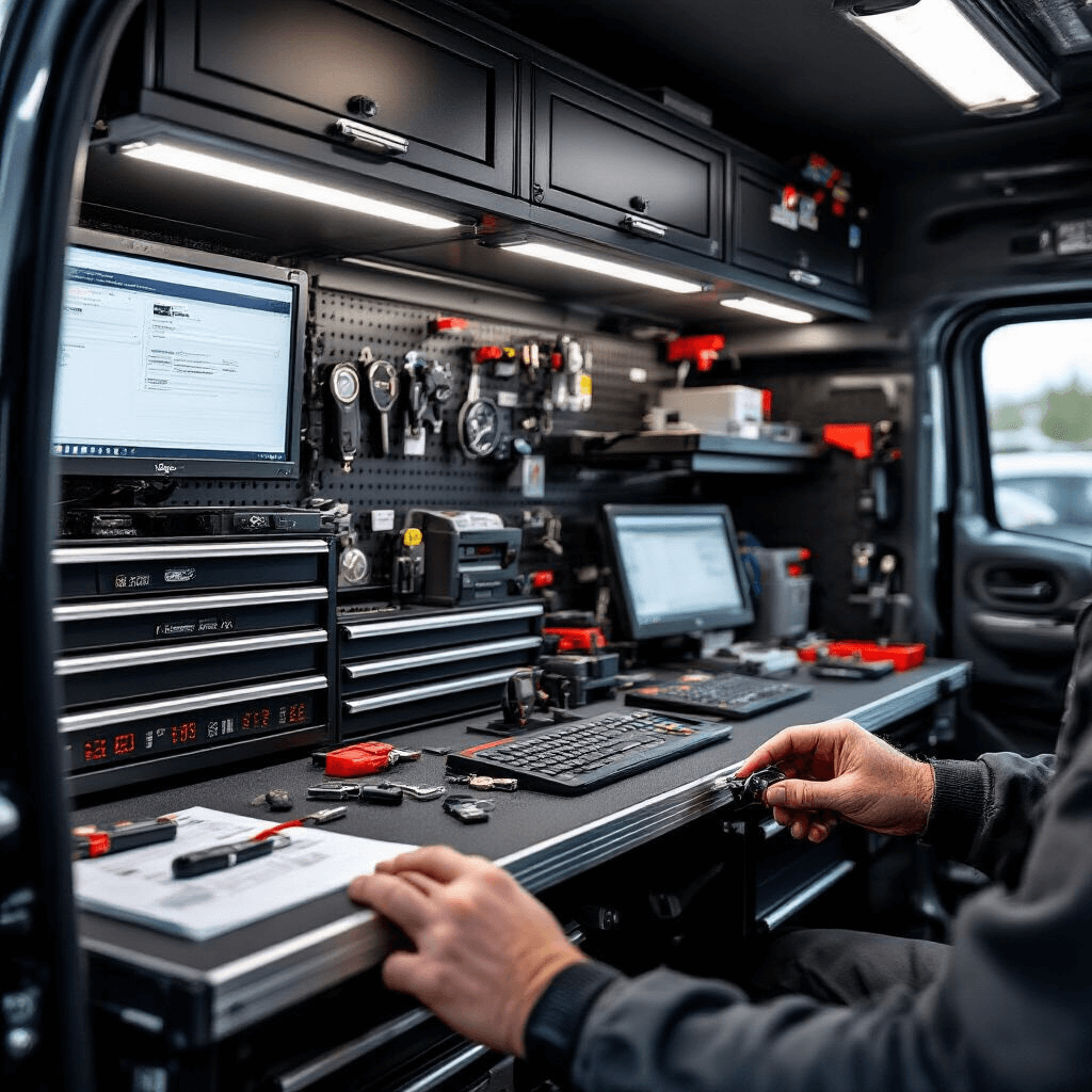 Ultra-detailed interieur van een mobiele autosleutelspecialist met een efficiënte werkruimte, aluminium opslagcompartimenten, programmeerapparatuur en diagnostische schermen. Natuurlijk licht benadrukt transponderchips, sleutel snijgereedschappen en Ford-sleutels in foam-gevoerde koffers. Werkbank toont technische materialen, computerinterfaces en meetgereedschappen. Kleurenschema van diep grijs, metallic zilver en strategische rode accenten terwijl een technicus met precisie-handschoenen sleutels programmeert.
