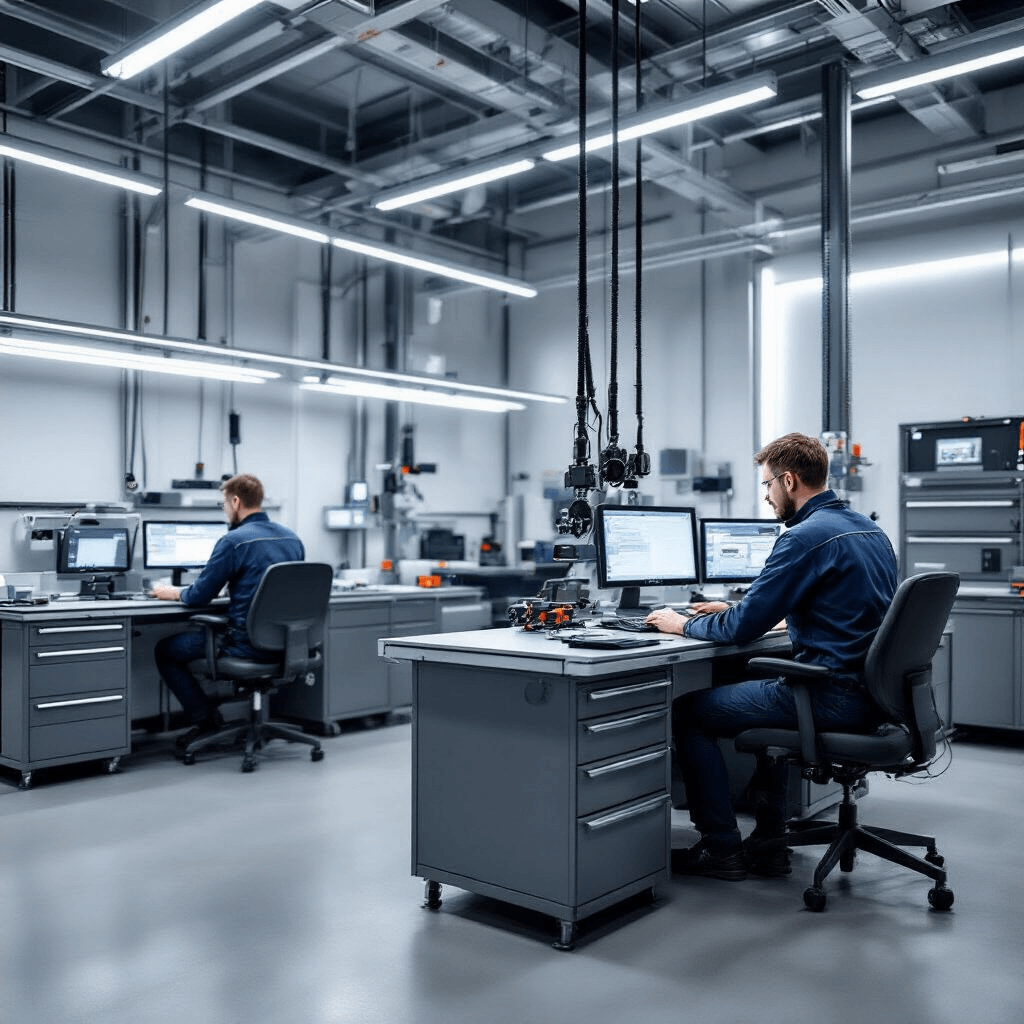 Ultragezinsfotorealistische afbeelding van een moderne autosleutelservice met grijze betonnen vloer, witte LED-verlichting en RVS werkbanken. Een professional in donkerblauwe werkkleding codeert geconcentreerd een Volvo V40 autosleutel aan een geavanceerd sleutelprogrammeerstation, omringd door gestructureerde laden met sleutelblanco's en technische handleidingen.