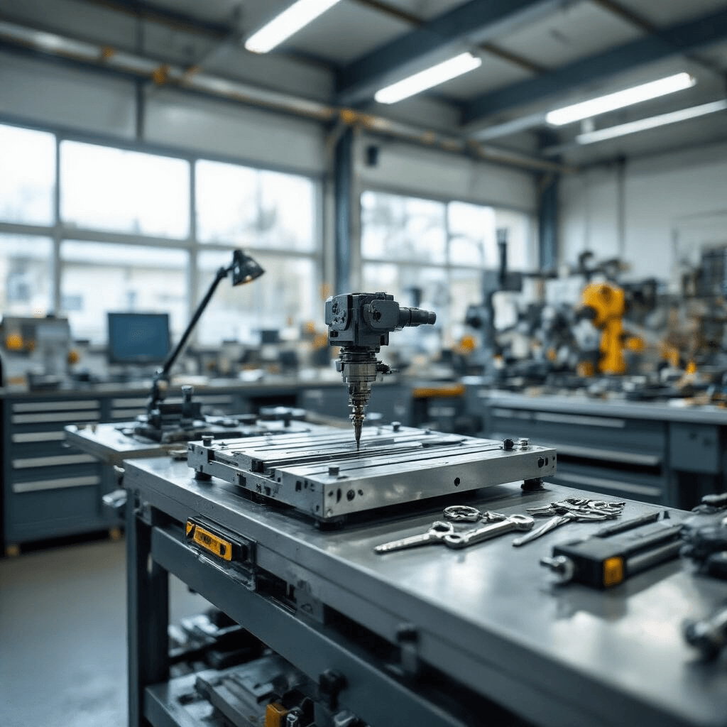 Close-up van een professionele sleutelservice-werkbank in Houten, met een gedetailleerde sleutelmachine en geordende gereedschapskasten, verlicht door warm daglicht.