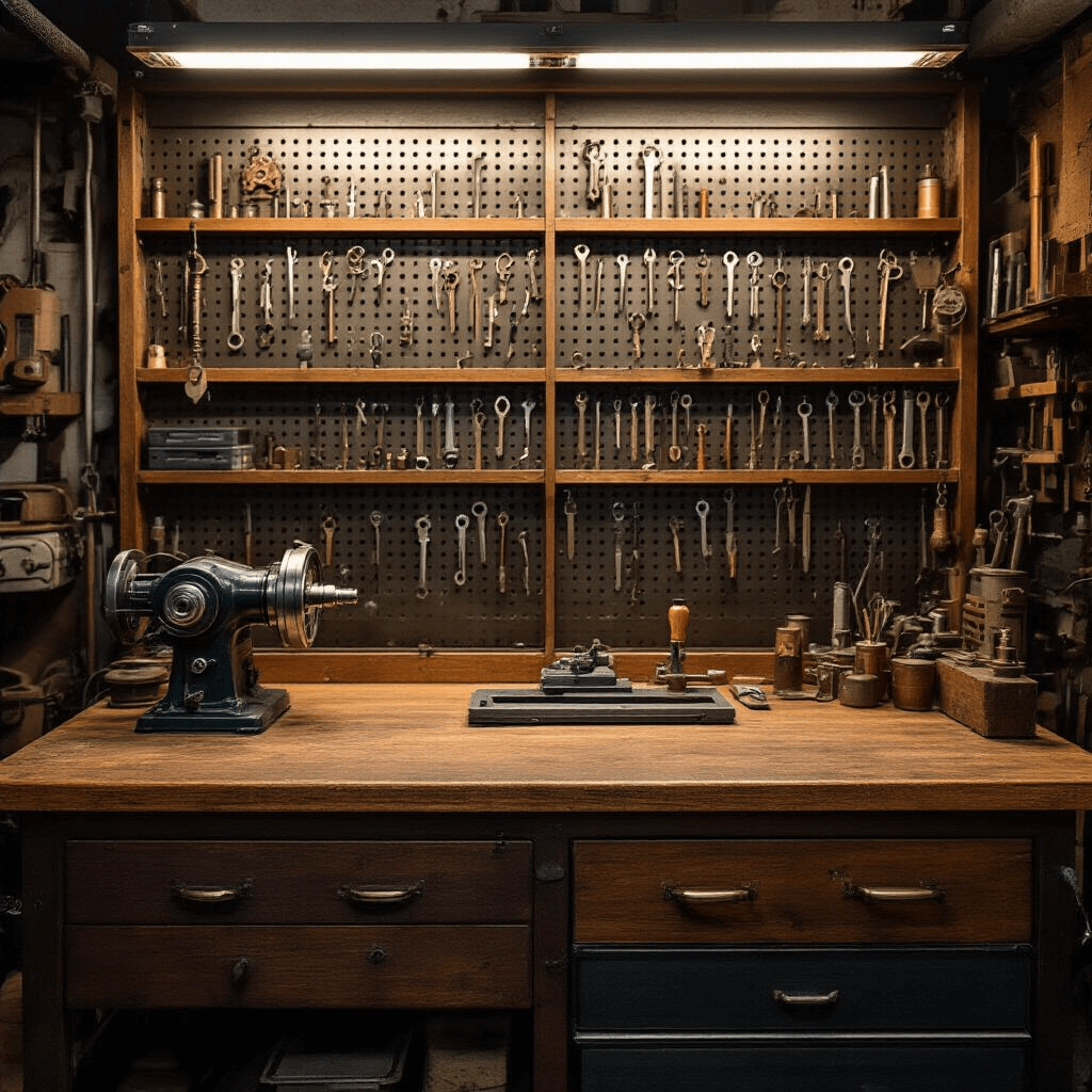 Gedetailleerde interieur van een sleutelwerkplaats met een donker geoliede eiken werkbank met een precisie-freesmachine, een collectie sleutelsjablonen aan een geperforeerde wandplaat, een houten gereedschapskast met koperen handgrepen en technische schema's, verlicht door zachte Noordelijke daglicht en gerichte LED-werkverlichting.