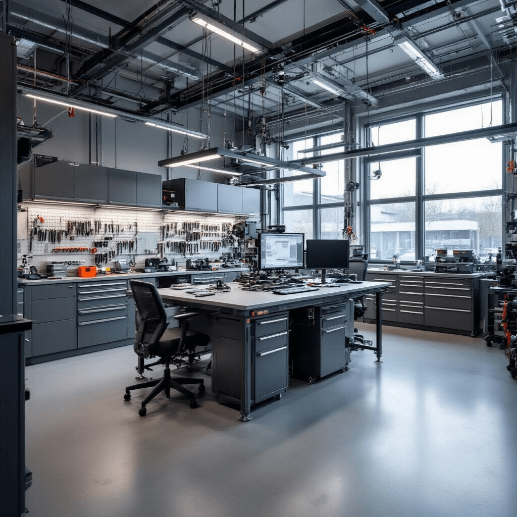 Moderne sleutelservice-werkplaats met geavanceerde apparatuur, centrale programmeertafel, georganiseerd gereedschap en diffuus daglicht, waarbij een monteur sleutelprogrammeert met precisie.