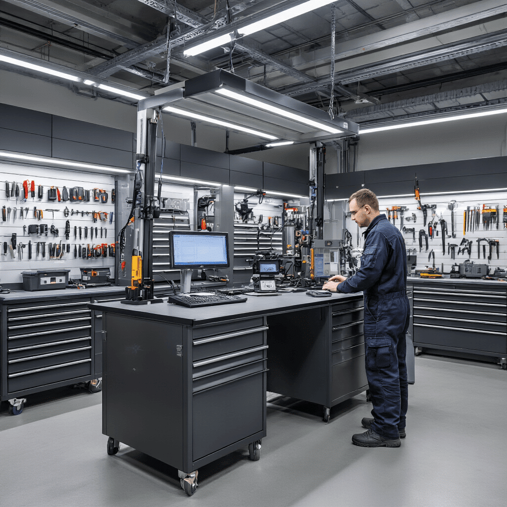 Realistische interieurscène van een moderne autosleutelservice met een monteur die werkt aan een transponder-analyse, omringd door gespecialiseerde gereedschapskasten en elektronische uitleesapparatuur, in een industrieel ontworpen ruimte met een gepolijste betonvloer en koele neutrale kleuren.