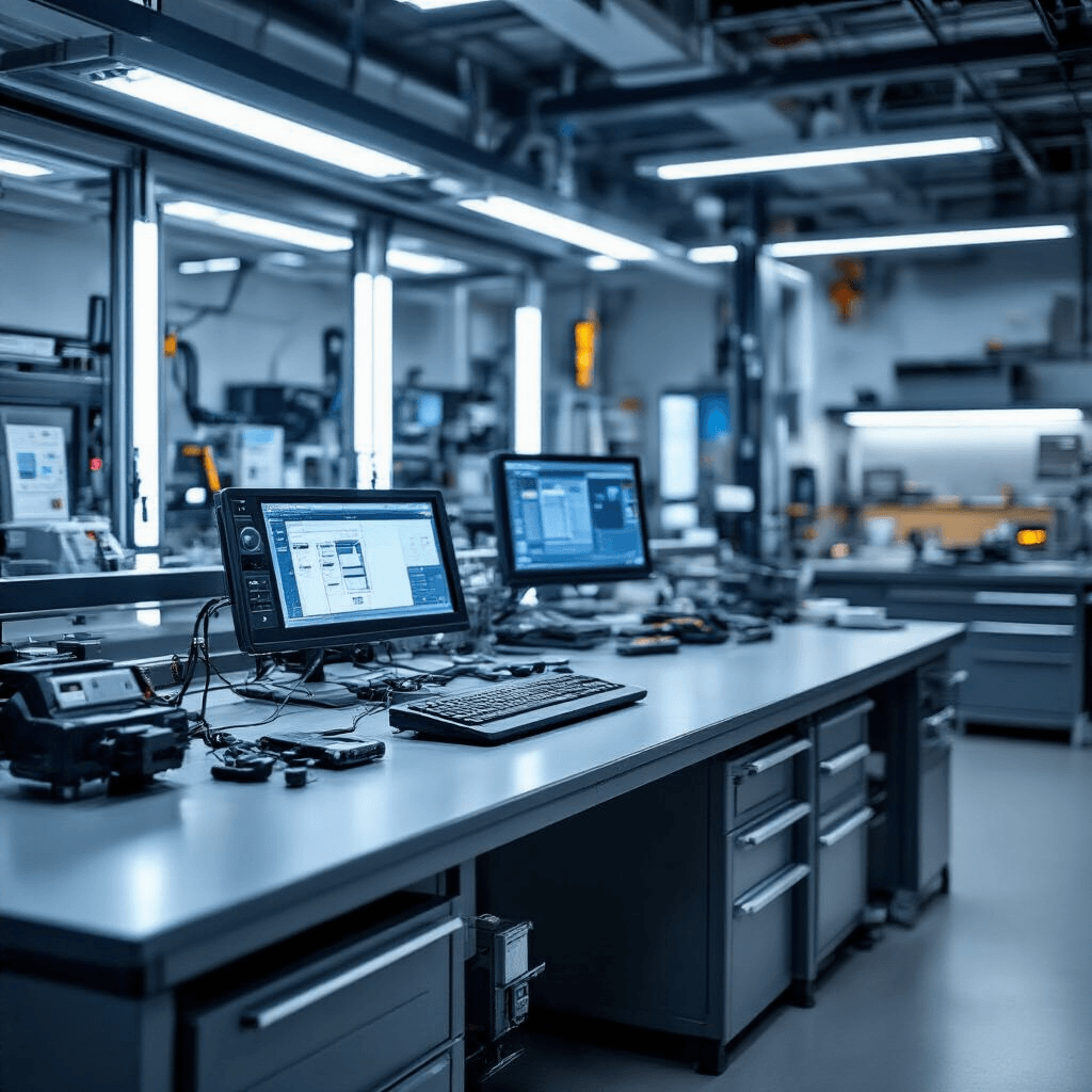 Moderne autosleutel serviceruimte met industrieel design, inclusief een brede werkbank, elektronische sleutelprogrammeermodules, gereedschapskasten en computerschermen, verlicht door LED-licht in een grijsblauw kleurenschema.