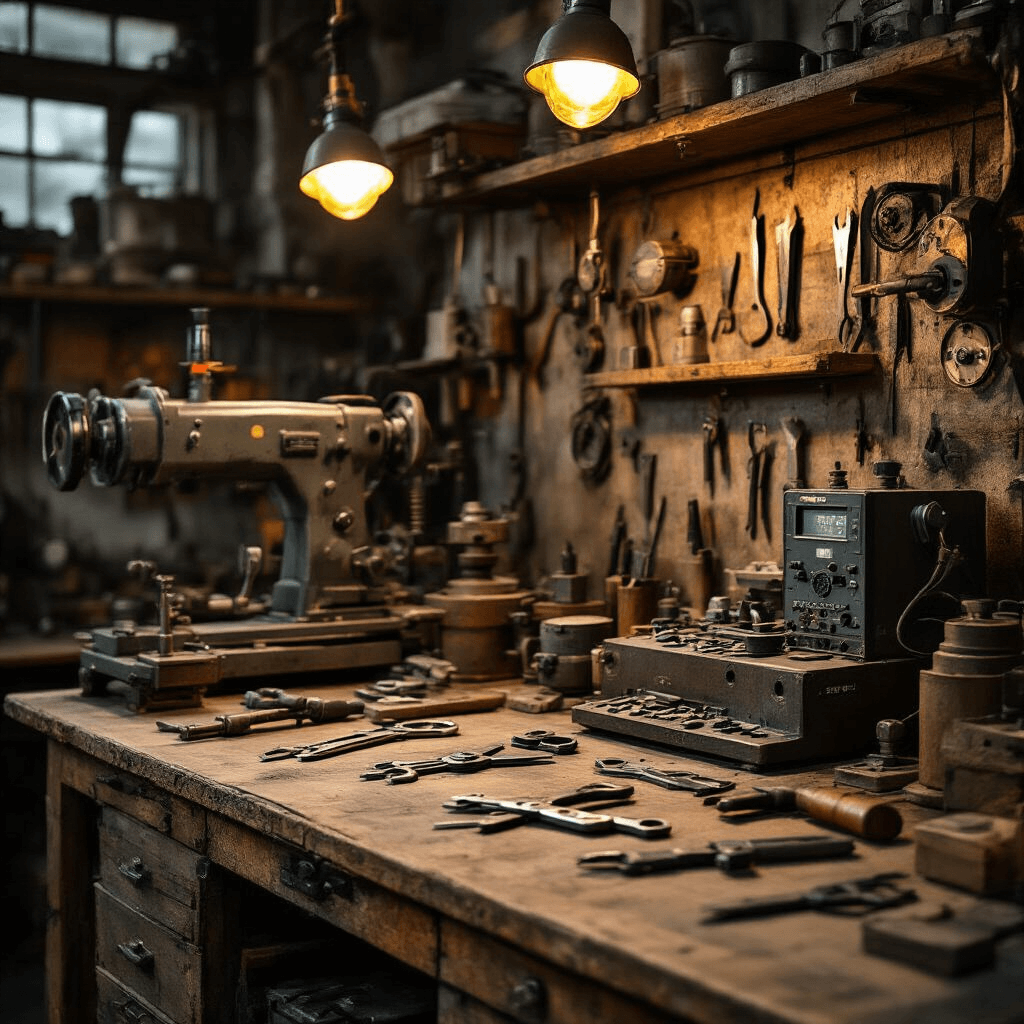 Een gedetailleerde sleutelmakerswerkplaats met een oude houten werkbank, vintage en moderne sleutelkopieergereedschappen, en geavanceerde elektronische apparatuur, verlicht door warme industriële spots. Het interieur heeft verweerd hout, gepolijst metaal en aardse tinten zoals roestbruin en grijs, met scherpe details van gereedschappen die vakmanschap en technologische expertise tonen.