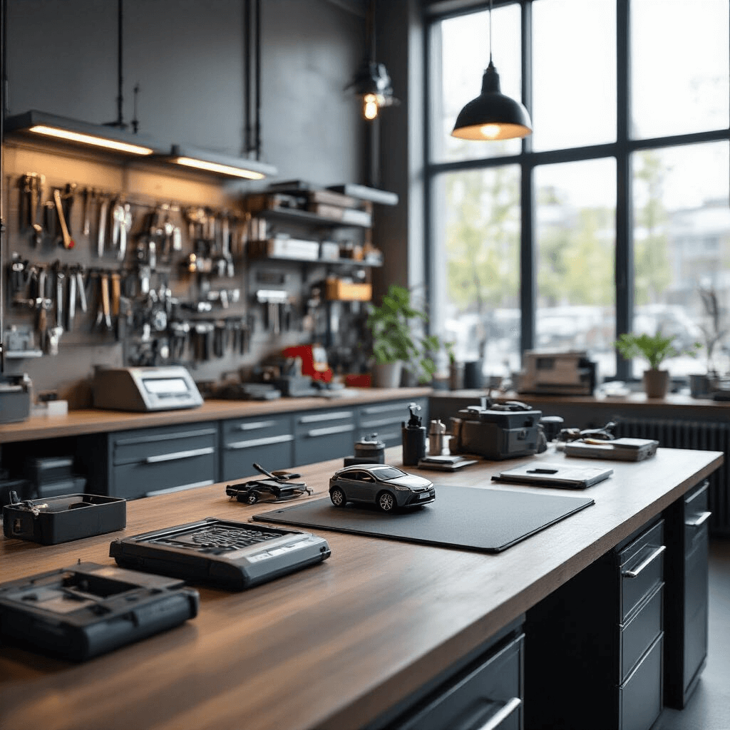 Realistische afbeelding van een moderne sleutelservice met industriële werkbanken, georganiseerde gereedschapskasten en een focus op een keyless entry systeem voor een Toyota Prius, verlicht door natuurlijk daglicht.