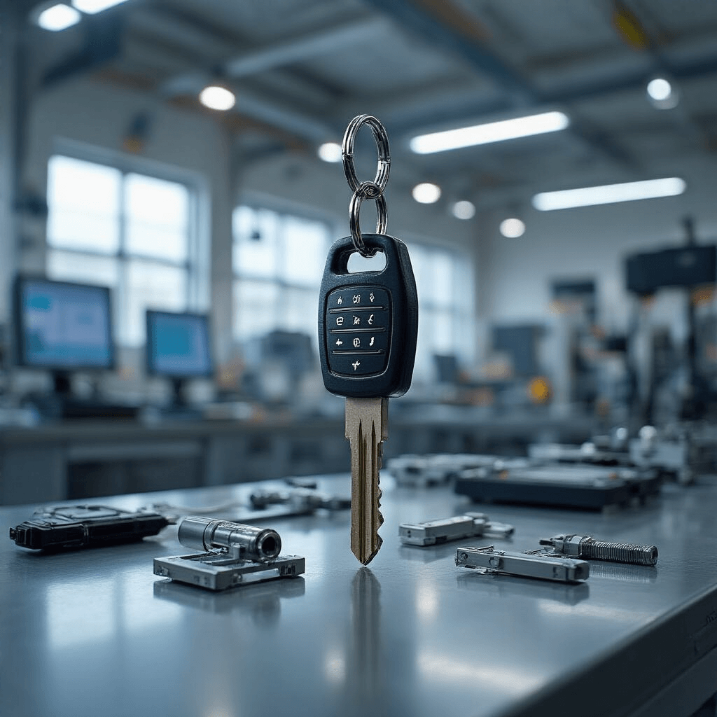 Close-up van een moderne autosleutelwerkplaats met hoogglans metalen werkbanken, precisie-elektronische apparatuur en een goed verlichte werkplek met geordende gereedschappen en transponderprogramma's.
