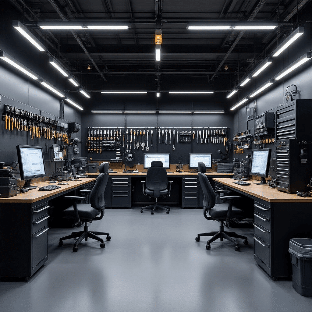 Fotorealistische interieur van een autosleutelservice met moderne werkstations, geïntegreerde computersystemen, en LED-verlichting die technische instrumenten benadrukt.