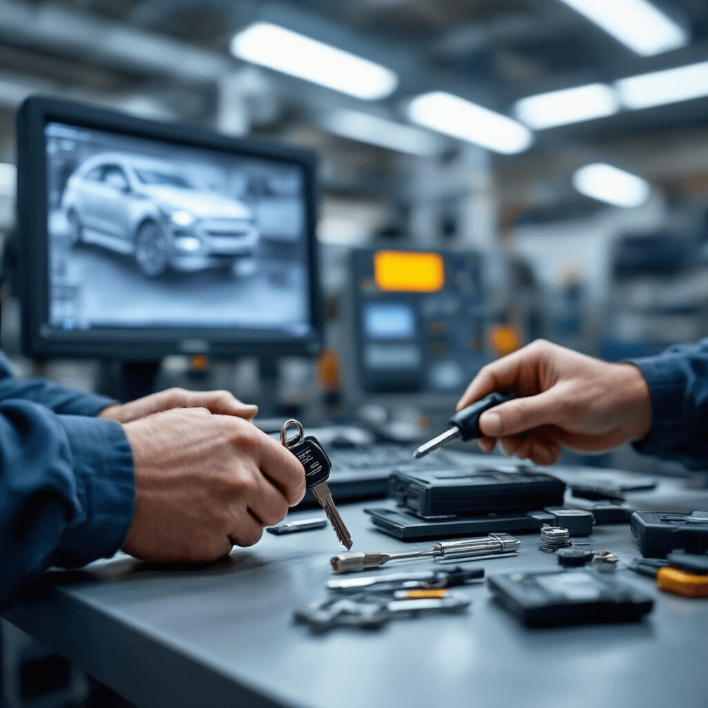 Cinematografische close-up van een moderne autosleutelservice werkbank met technische apparatuur voor Ford sleutelprogrammering, verlicht door zachte industriële LED-verlichting.