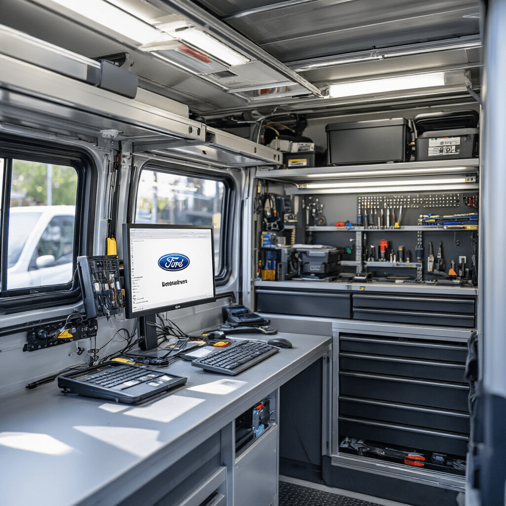 Gedetailleerd interieur van een mobiele autosleutelservice-bestelwagen met een georganiseerde werkruimte, elektronische programmeeruitrusting en gereedschappen, verlicht door natuurlijk daglicht.