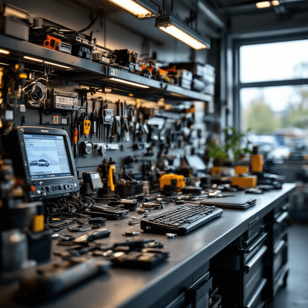 Fotorealistische weergave van een moderne autosleutelservice werkplaats in Den Haag, met een brede raam en daglicht, centrale werkbank met elektronische apparatuur, nauwkeurig gereedschap aan wandhouders, close-up van transponder chips en sleutelbehuizingen, industriële LED-verlichting, grijze betonvloer en witte gereedschapskasten, met een kleurenpalet van zilver, wit, antraciet en blauwe accenten.