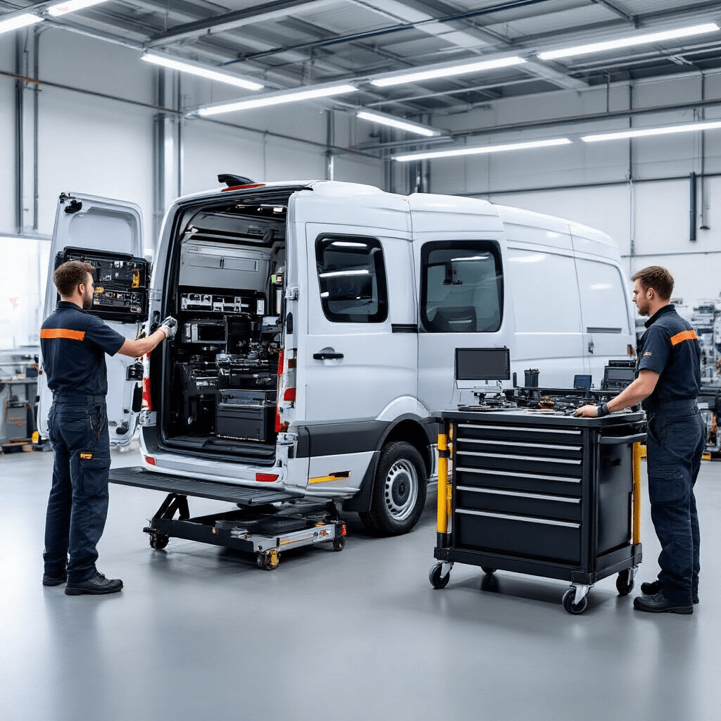 Cinematografische werkplaats met een mobiele autosleutelservice-unit, geopend in een dynamische hoek. Binnenin een efficiënte werkruimte met gereedschapskoffers, elektronische apparatuur en een monteur die geconcentreerd sleutels programmeert. Realistisch daglicht en industriële materialen zoals geborsteld aluminium en zwart rubber.