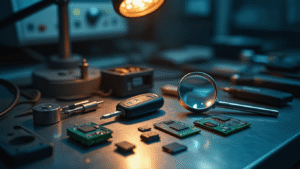 Cinematische close-up van een professionele autosleutelreparatiewerkplaats met warme LED-verlichting, precieze gereedschappen op een geborsteld stalen werkblad, elektronische transponderchips, voor/na transformatie van autosleutelhousings, vergrootglas dat ingewikkelde circuits onthult, zachte achtergrond met diagnostische apparatuur, en een kleurpalet van zilver, diepblauw en warme amberaccenten.