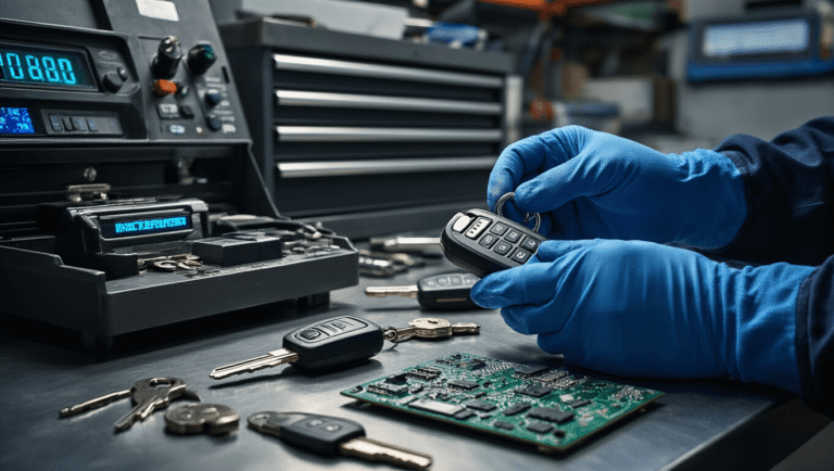 Moderne autosleutel vervangingswerkplaats met programmeeruitrusting op een stalen werkbank, close-up van handen in blauwe werkhandschoenen die een Ford sleutel fob programmeren, omgeven door precisiegereedschappen en diagnose-apparatuur in een professionele sfeer.