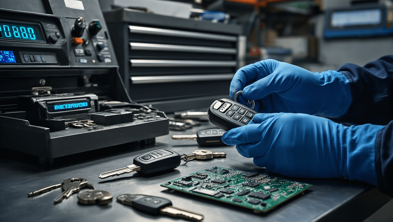 Moderne autosleutel vervangingswerkplaats met programmeeruitrusting op een stalen werkbank, close-up van handen in blauwe werkhandschoenen die een Ford sleutel fob programmeren, omgeven door precisiegereedschappen en diagnose-apparatuur in een professionele sfeer.