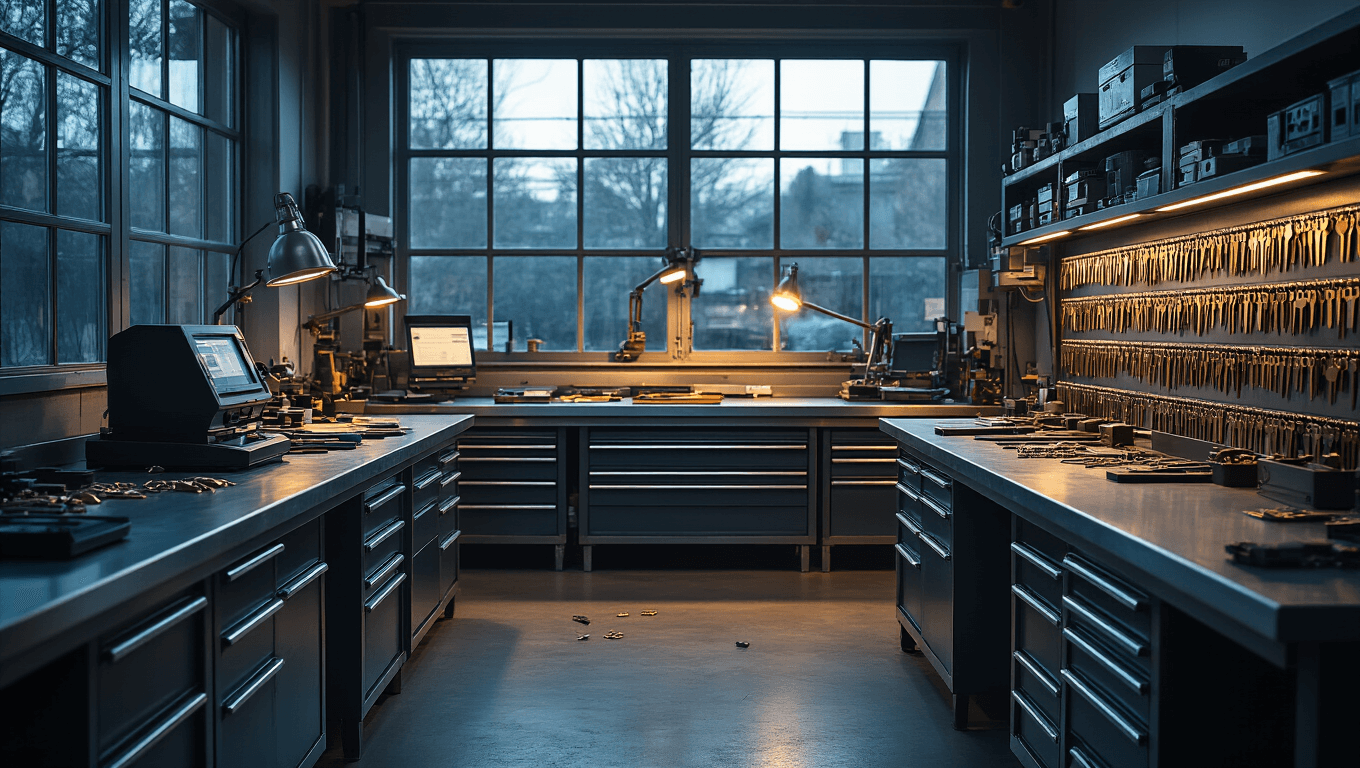 Professionele slotenmakerij met key cutting machines, afgewerkt in een warme industriële sfeer, met staalwerkbanken, rijen lege sleutels, en gereedschap voor sleutelduplicatie onder sfeervolle LED-verlichting.