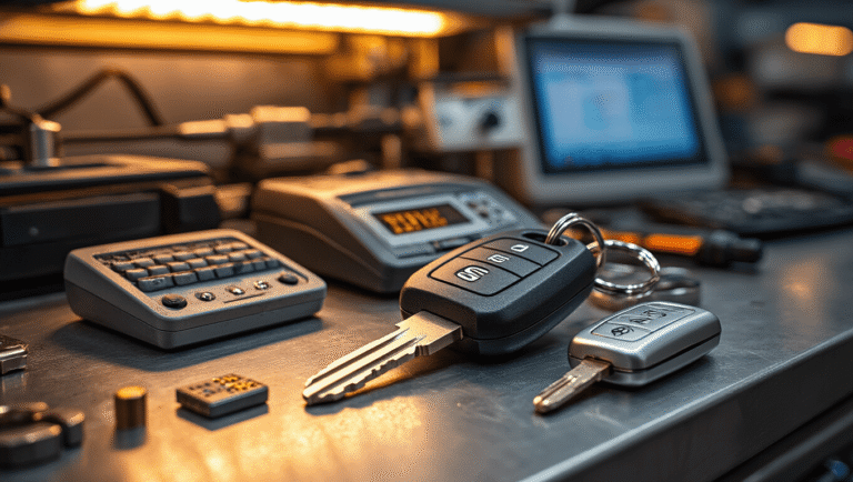 Professionele autosleutel duplicatie werkplaats met close-up van een Seat autosleutel die wordt geprogrammeerd, verlicht door warme LED-lampen, op een geborsteld metalen werkbank.