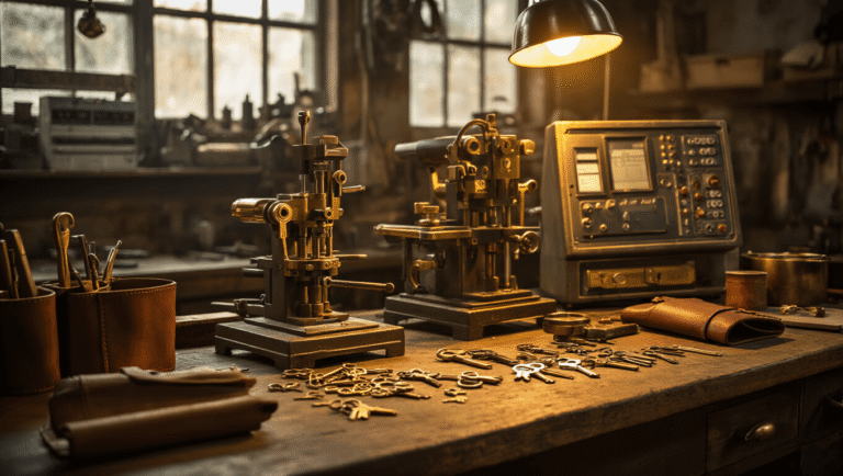 Cinematische wijde opname van een professioneel slotenmaker atelier met warme industriële verlichting, een versleten houten werkbank, vintage messing sleutelmachines en moderne elektronische apparatuur, verspreide metalen sleutels en gepolijste stalen gereedschappen, in aardse kleuren van roestbruin en antracietgrijs, met een ondiepe scherptediepte die vakmanschap benadrukt.