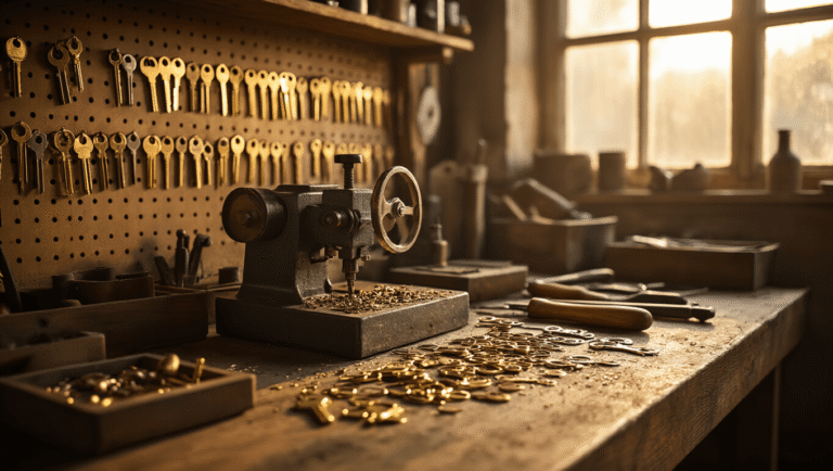 Cinematische close-up van een ambachtelijke sleutelmakerij met een verouderde eiken werkbank, precisie sleutelsnijmachine, verspreide messing sleutelblanks en vintage handgereedschap. Warme zonlichtstralen door het raam, zachte LED verlichting, metal shavings en rijke texturen van oliehout en gepolijst messing in een uitnodigende sfeer.