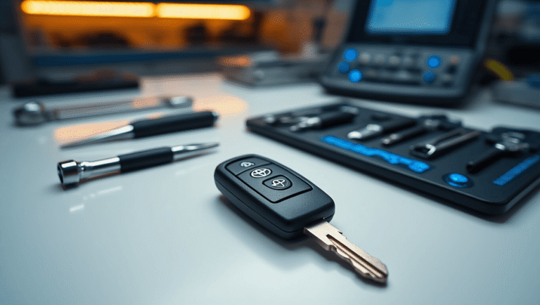 Cinematische close-up van een Toyota Prius slim sleutel op een schoon wit werkblad, omgeven door precisie programmeerapparatuur en diagnostische tools, verlicht door warm amberlicht.