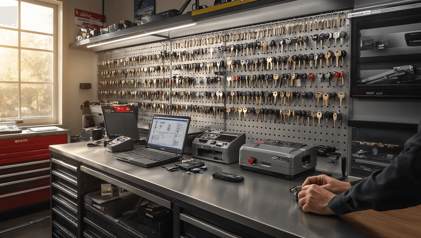 Een moderne Toyota sleutelservice werkplaats met een centraal gepolijst stalen werkbank, transponder programmeermachine, sleutel snijmachine en laptop. Georganiseerde muren met sleutels, chips en handleidingen. Warme LED-verlichting en zonlicht verlichten de ruimte waar een professionele slotenmaker aan Smart Key Toyota sleutels werkt. Achtergrond met een glazen vitrine vol verschillende sleuteltypes. 4x3 meter kamer met witte tegelvloer.