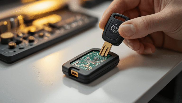 Professionele autosleutelwerkplaats met een transponderautosleutel en blootgestelde elektronische chip op een schoon wit werkblad, moderne gereedschappen en geavanceerde diagnostische computers in een uitnodigende technische sfeer.