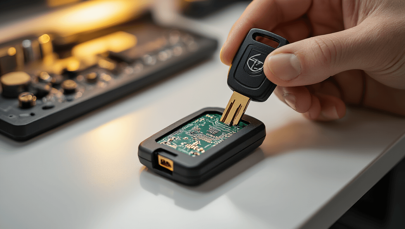 Professionele autosleutelwerkplaats met een transponderautosleutel en blootgestelde elektronische chip op een schoon wit werkblad, moderne gereedschappen en geavanceerde diagnostische computers in een uitnodigende technische sfeer.