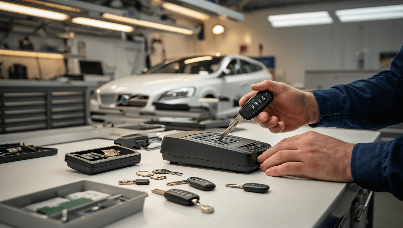 Professionele autosleutelknip- en programmeerdienst in een nette werkplaats met een witte werkbank, waarbij een Volvo V40-sleutel wordt geprogrammeerd door een technicus met geavanceerde apparatuur, omringd door sleutelblanks, programmeertools en een georganiseerde achtergrond van gereedschapslades.