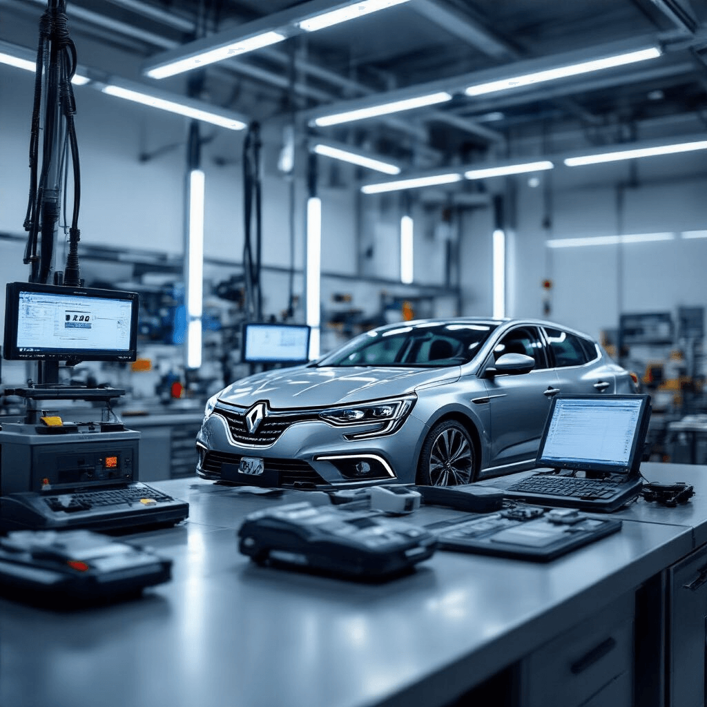 Fotorealistische afbeelding van een moderne autosleutelservice-werkplaats, met een gepolijste RVS werkbank en digitale programmeerapparatuur voor Renault-sleutels, verlicht met zachte industriële verlichting in grijstinten en blauwe LED-accents. Close-up van transponder-programmeerapparatuur en netjes gerangschikte sleutels, met een professionele gereedschapswand op de achtergrond. Minimalistisch en georganiseerd ontwerp dat technologie en expertise uitstraalt.