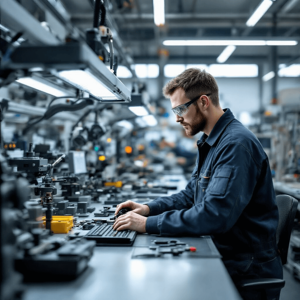 Gedetailleerde industriële werkplaats gericht op de reproductie van autosleutels voor Renault Megane, met werkstations, precisiegereedschap, een transpondersleutel-programmeermachine en neutrale daglichtinval.