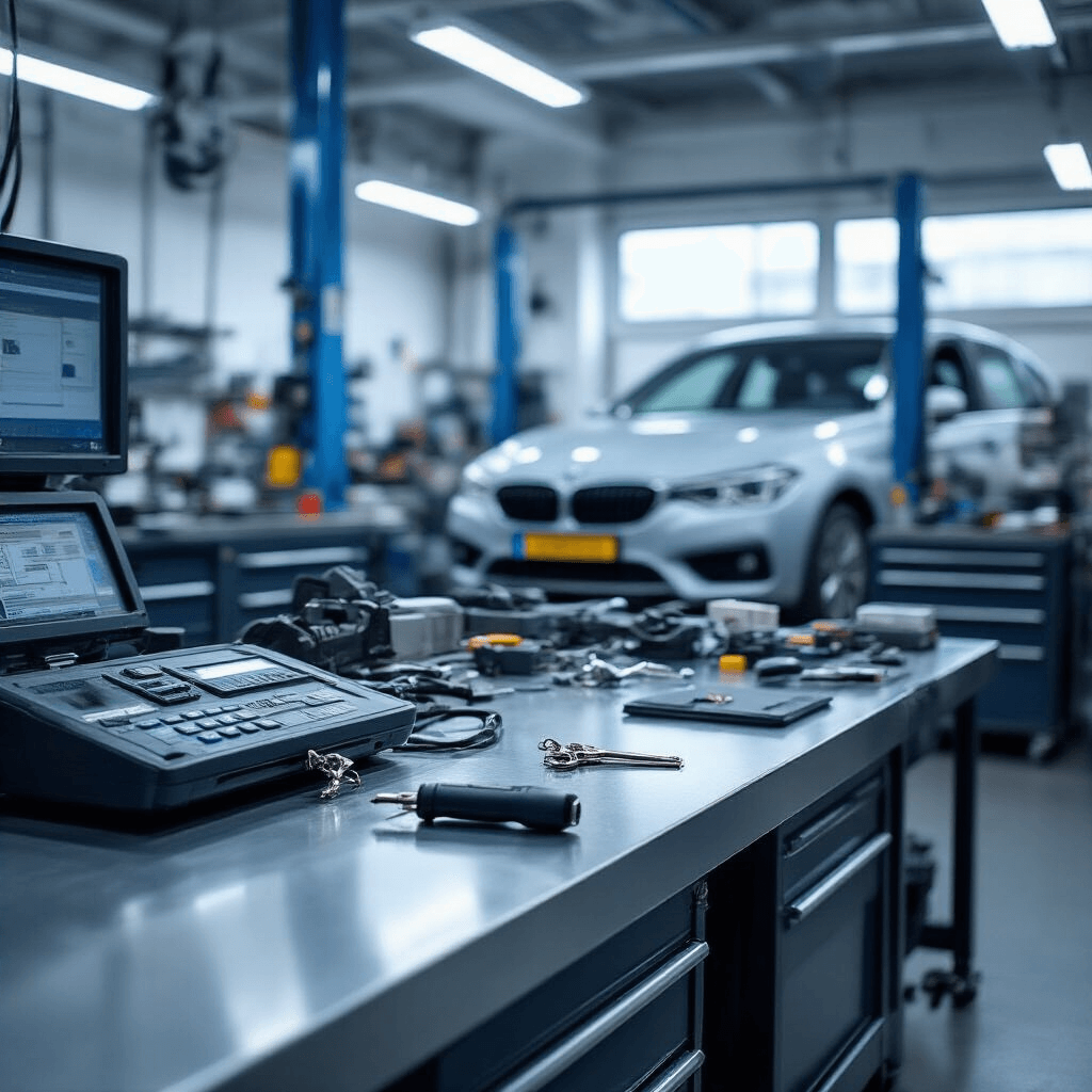 Hyperrealistisch interieur van een autosleutelservice met geavanceerde apparatuur, een gepolijste RVS werkbank, gereedschapskisten in industrieel grijs en blauw, en gedemonteerde autosleutels, alles in een professionele en georganiseerde werkplaatsomgeving.