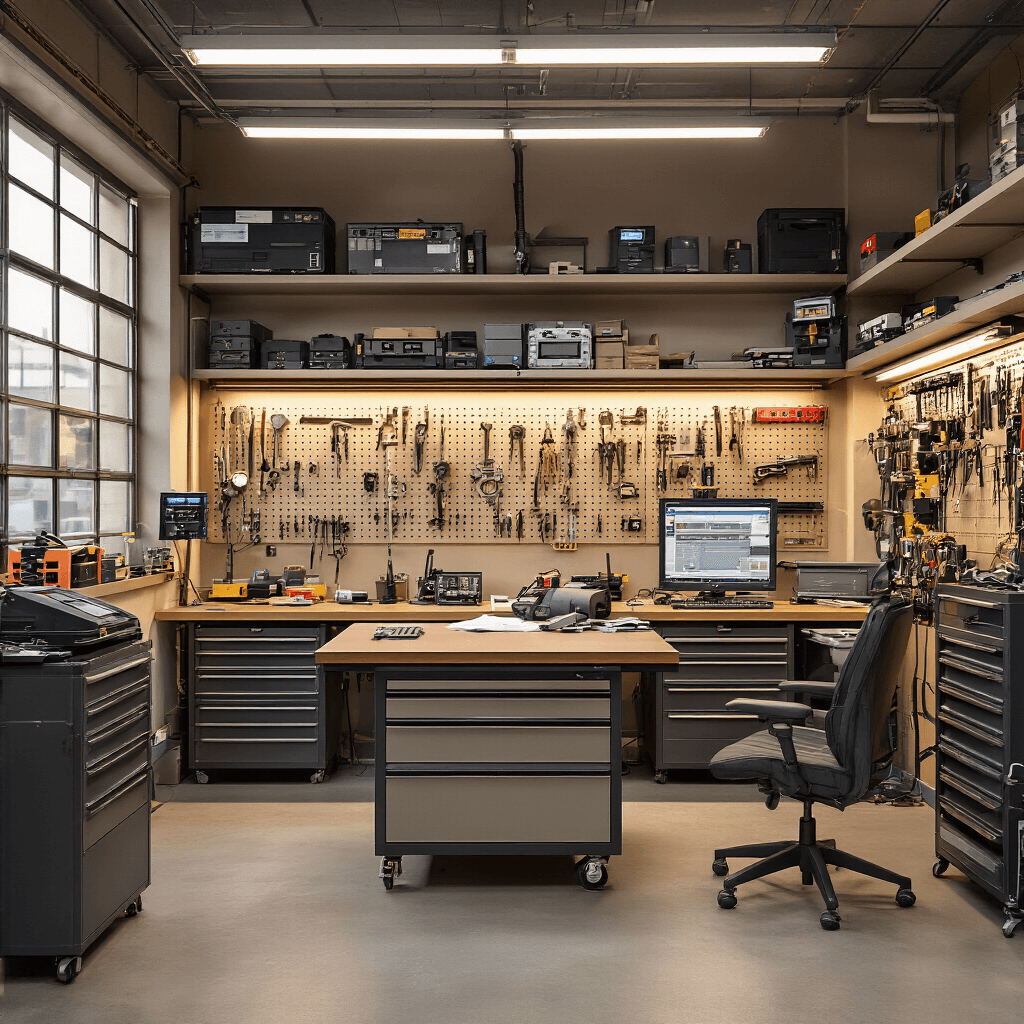 Interieur van een autosleutelservice met diagnostische werkruimte, centrale werkbank, geavanceerde apparatuur, computerschermen, diverse sleutelmodellen en warme industriële verlichting.