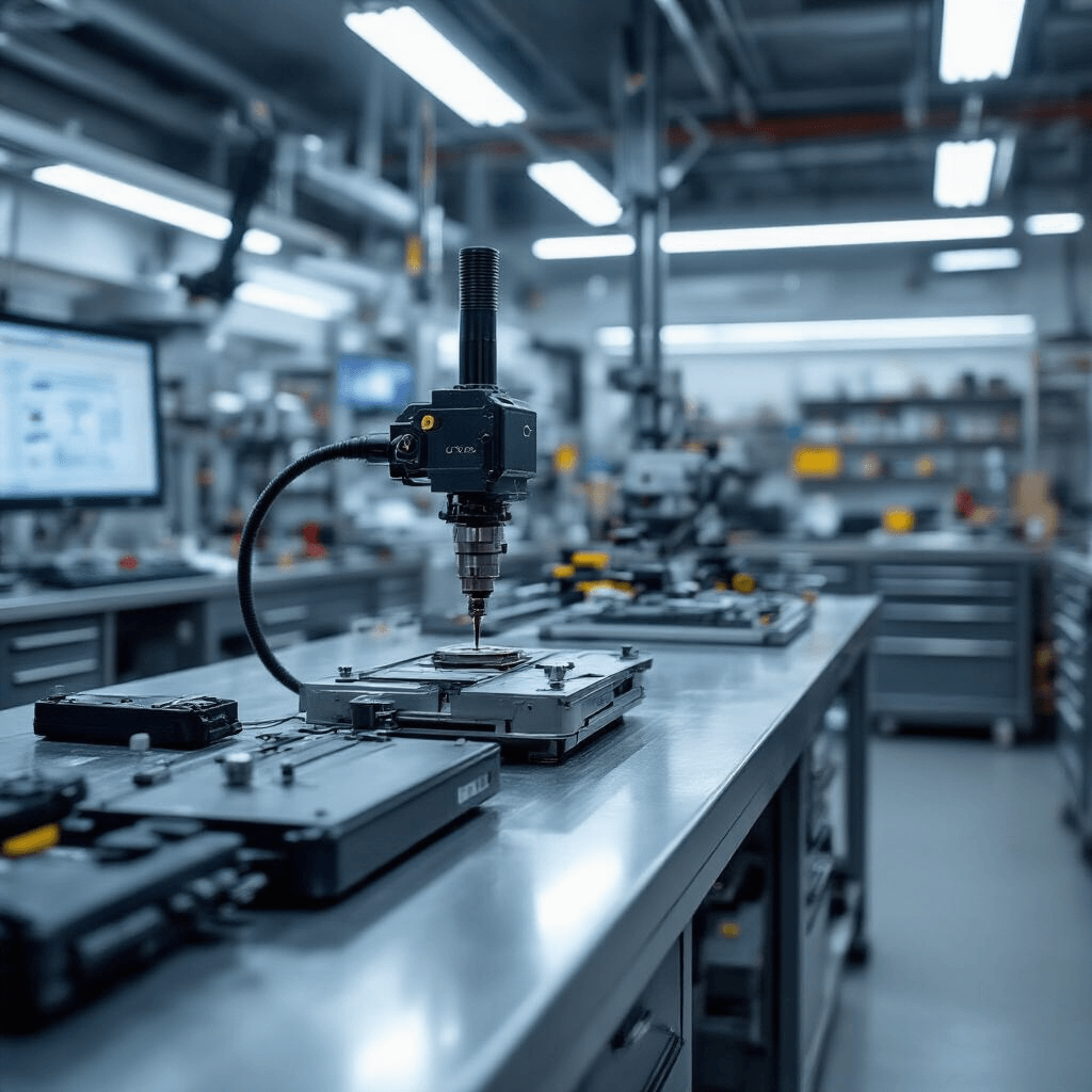 Ultramoderne autosleutel-serviceruimte met hoogglans metalen werkbanken, geavanceerde apparatuur en georganiseerde gereedschapswanden, voorzien van LED-verlichting en grote ramen met uitzicht op Den Haag. Close-up van een precisie-sleutelfreesmachine en technische details.