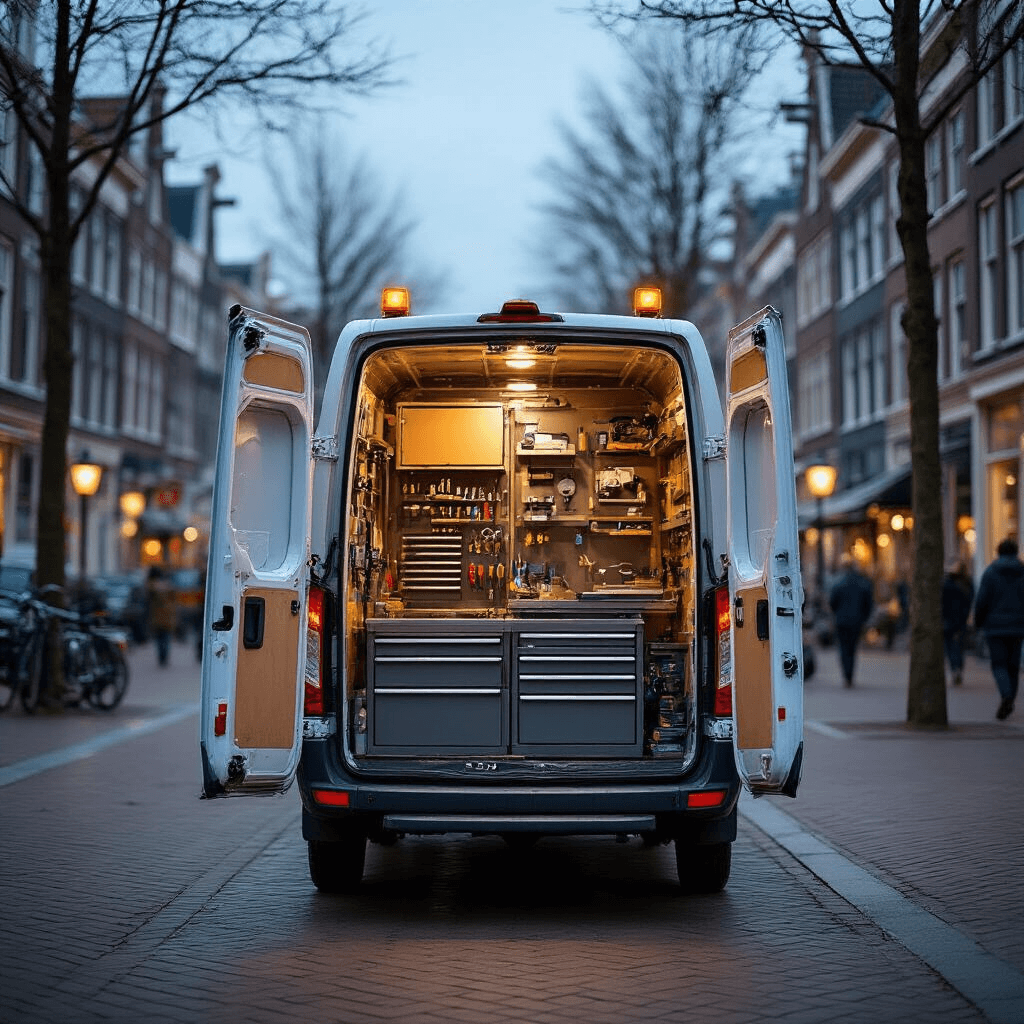 Een mobiele slotenmaker-bestelbus met een georganiseerd interieur, gepositioneerd op een stadsplein in Den Haag, met gereedschapskasten, sleutelprofileermachine en transponder-programmeerapparatuur, verlicht door zachte namiddagstralen. Buitenzijde met professionele signing en gedemonteerde apparatuur.