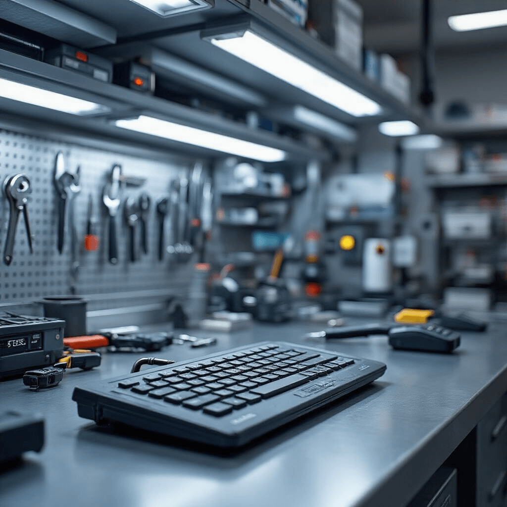 Fotorealistische weergave van een moderne sleutelservicewerkplaats met geavanceerde sleutelprogrammeerapparatuur op een RVS-werkbank, omgeven door antraciete gereedschapskasten, heldere LED-verlichting, precisie-instrumenten en een industriële betonvloer.