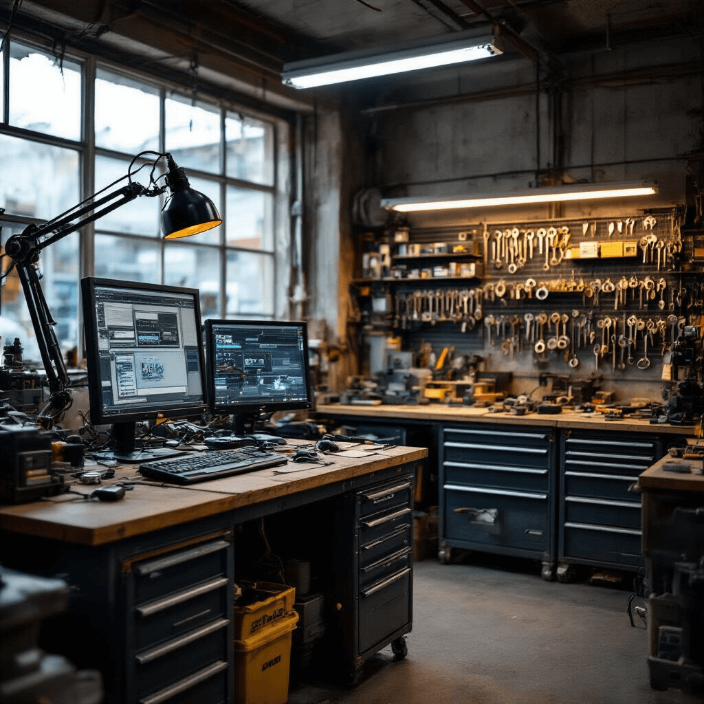 Cinematografische weergave van een sleutelmakerswerkplaats met meerdere werkstations en een focus op een OBD-poortprogrammeerstation, omringd door geprogrammeerde autosleutels en industrieel meubilair.