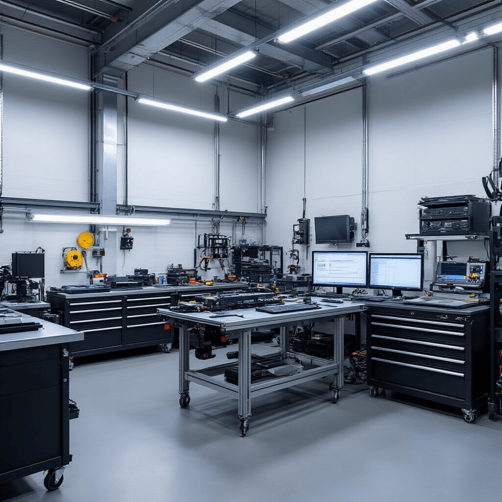 Professionele werkplaats voor Volkswagen transponder programmering met moderne apparatuur en industriële afwerking, gericht op monteurshanden die een transpondersleutel programmeren.