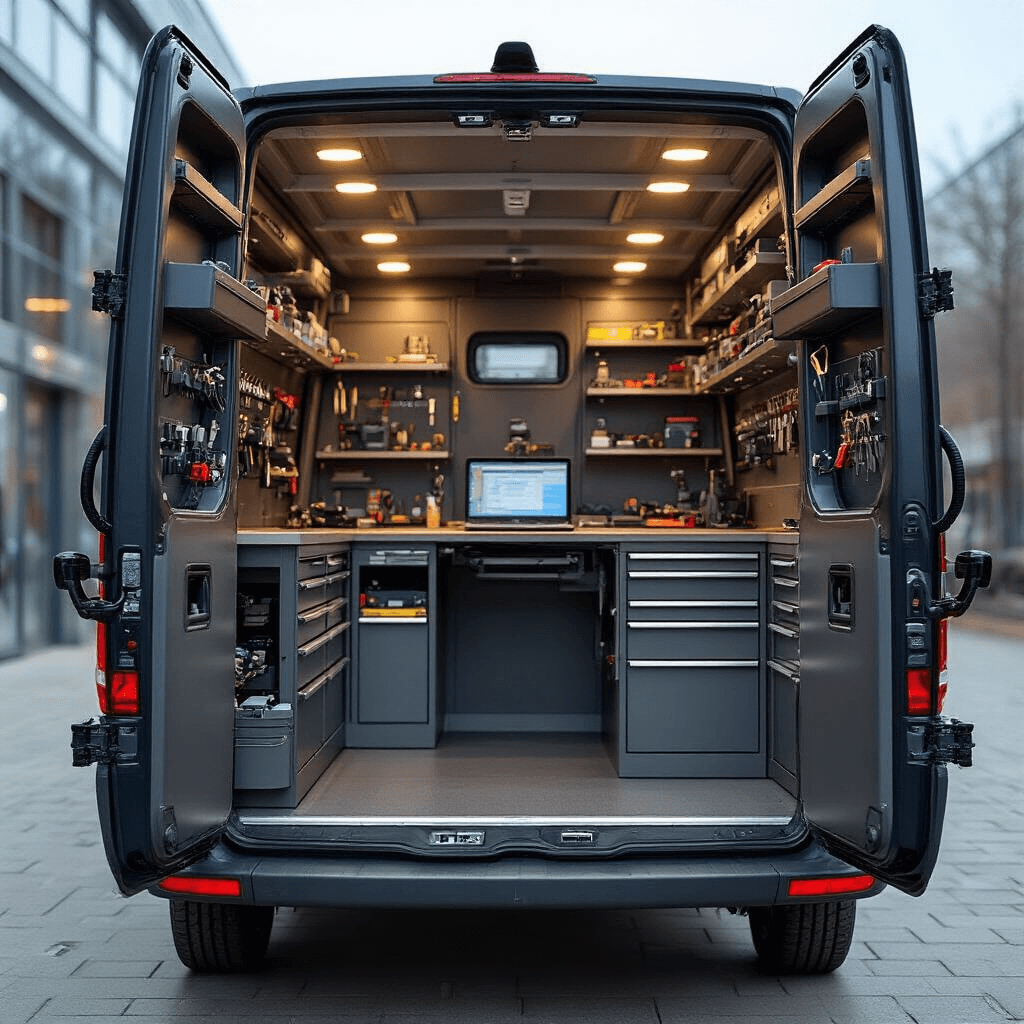 Interieur van een Mercedes Sprinter bestelwagen voor mobiele sleutelservice, met een compact en efficiënt ingerichte werkruimte. Een monteur in donkerblauwe werkkleding leest gefocust een Volkswagen sleutelcode uit op een RVS werkoppervlak, omringd door georganiseerde opbergkasten en moderne gereedschappen. Zachte daglichtinval creëert een industriële, maar georganiseerde sfeer in marineblauw, wit en zilver.